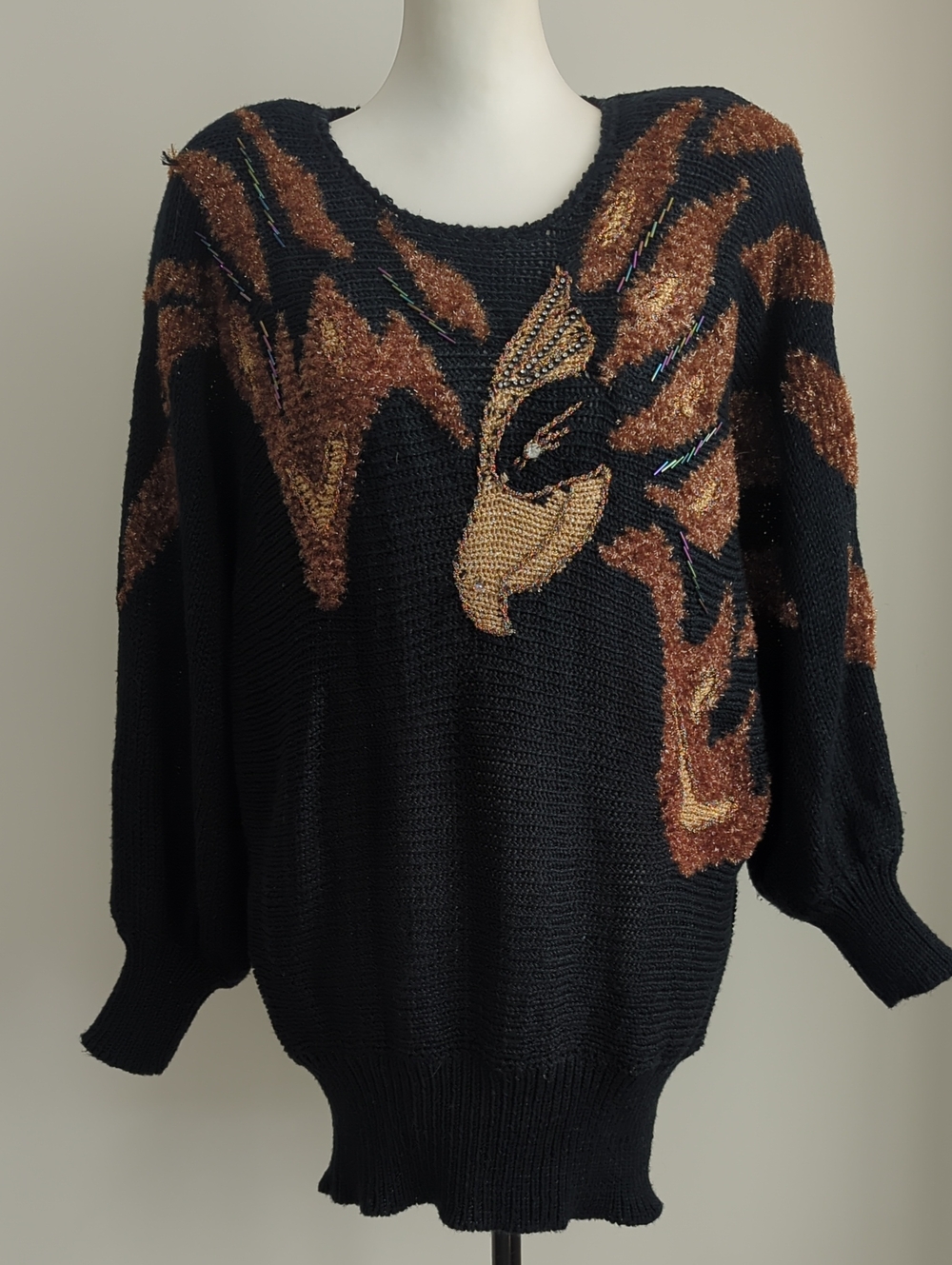 Vtg 1980s Avant Garde Wearable Art Textured Phoenix Flame Knit Sweater LARGE